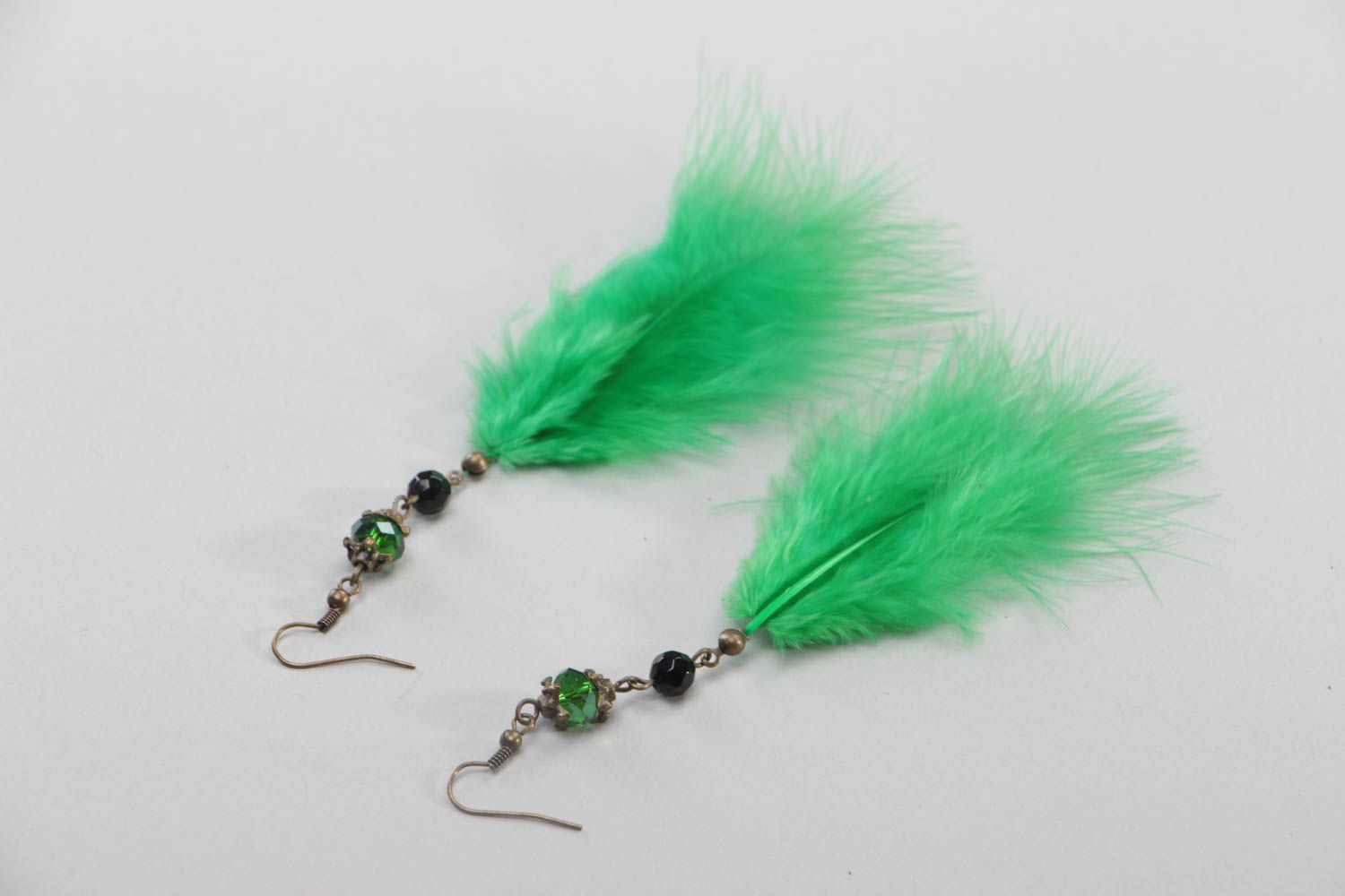 Green long earrings bright designer jewelry accessories made of feathers photo 3