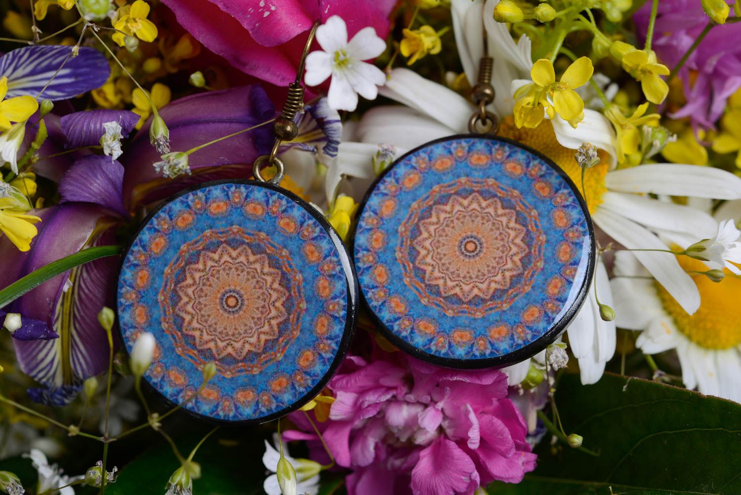 Beautiful handmade large round polymer clay earrings designer jewelry photo 1