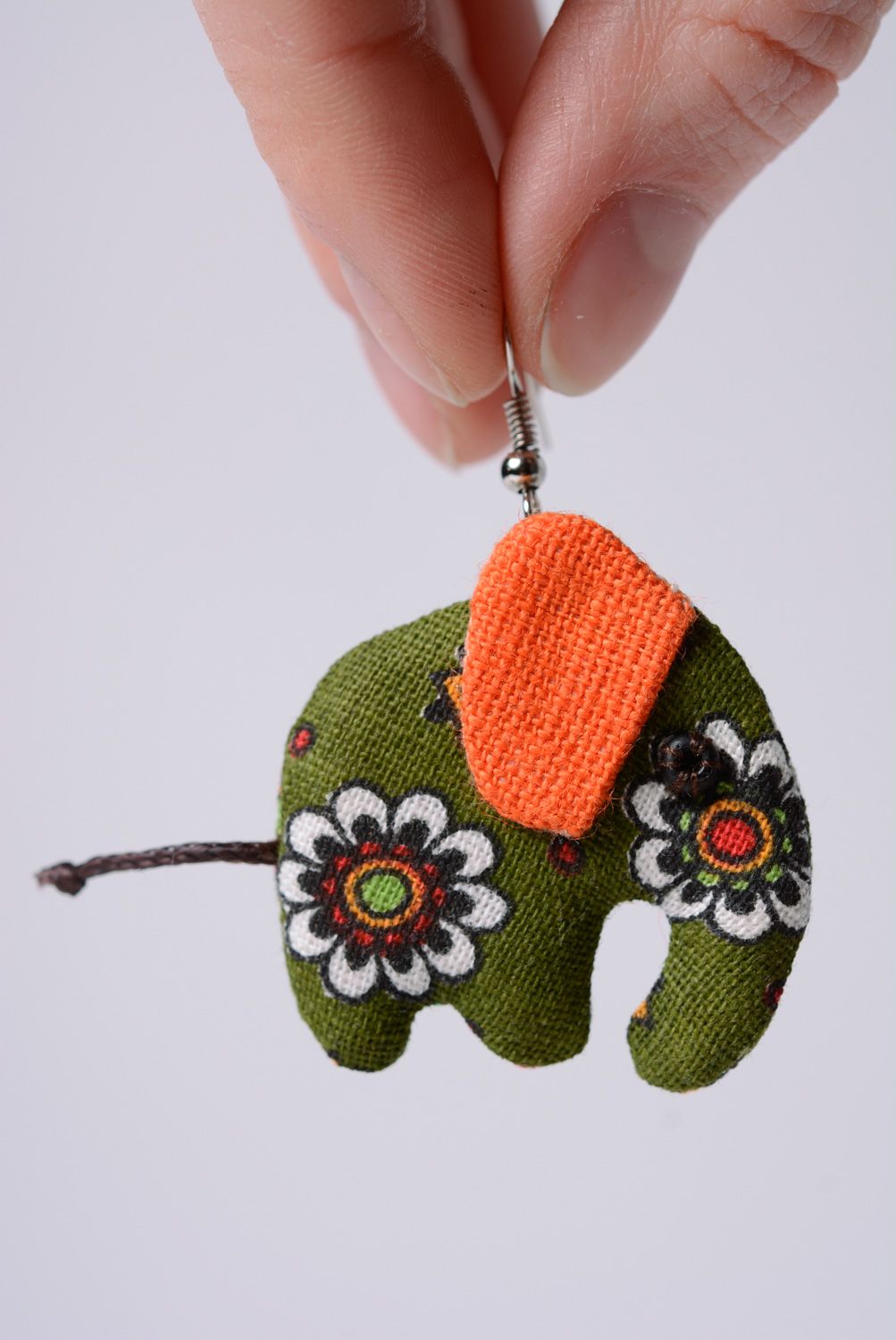 Bright handmade earrings sewn of fabric in green and orange colors elephants photo 3