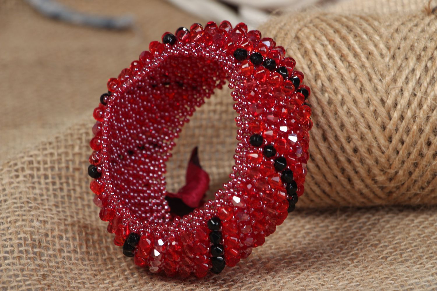 Red handmade beaded bangle bracelet with crystal beads for girls photo 4