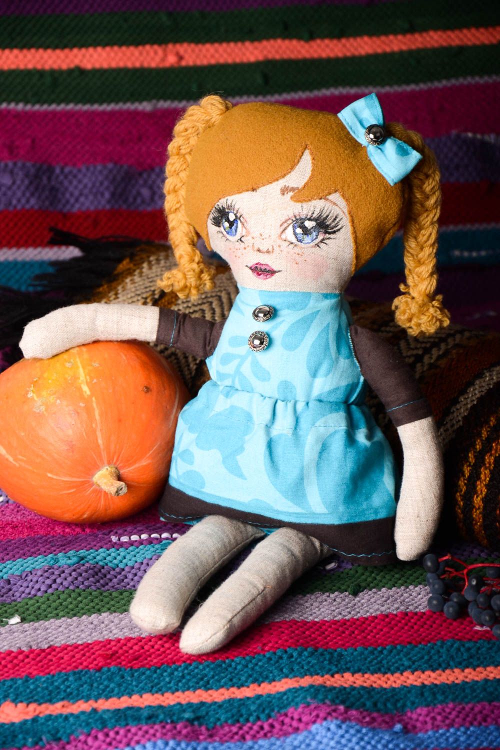 Handmade rothaarige Designer Puppe Stoff Spielzeug schöne Puppe im blauen Kleid foto 2