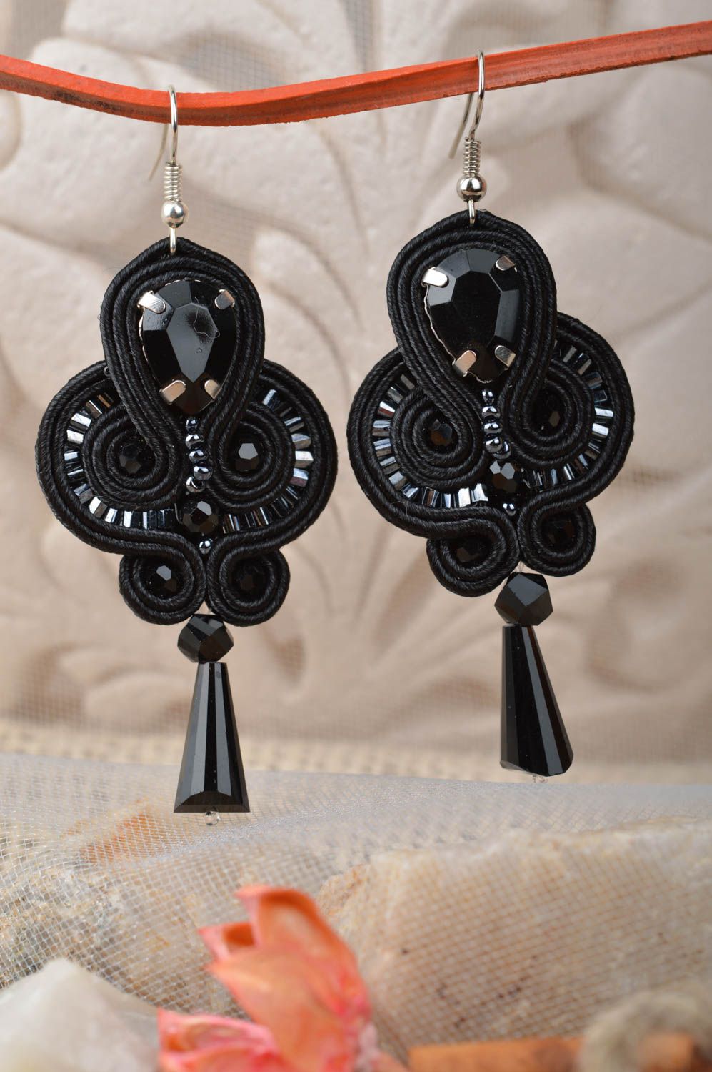 Beautiful homemade designer black soutache earrings with beads photo 1