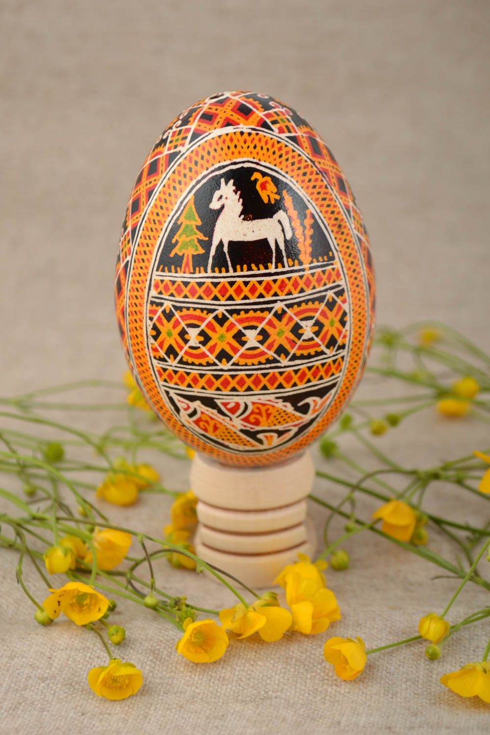 Handmade Easter decorative goose egg painted with acrylics with horses and fish photo 1