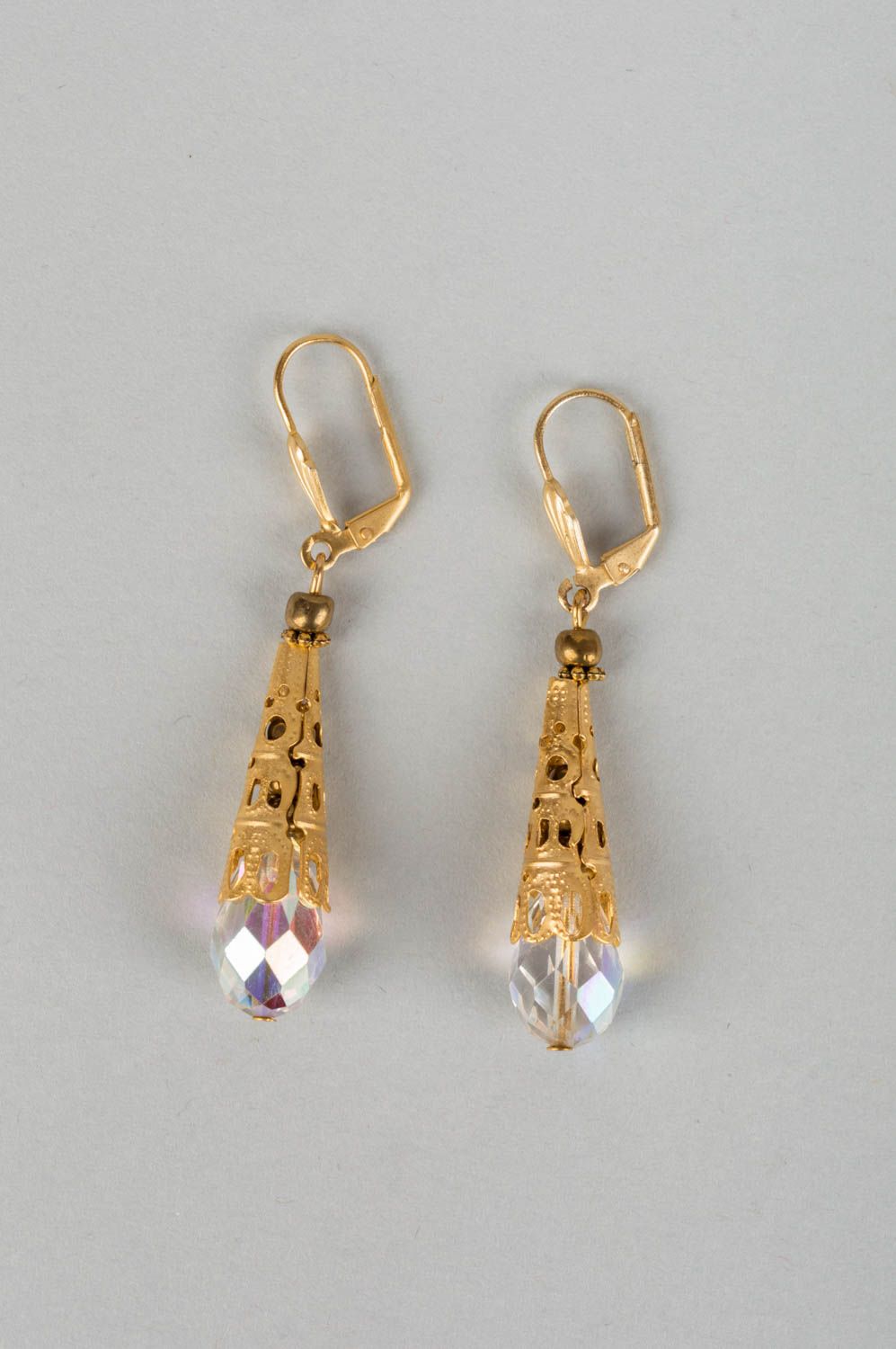 Handmade elegant long brass earrings with crystal beads designer women's jewelry photo 2