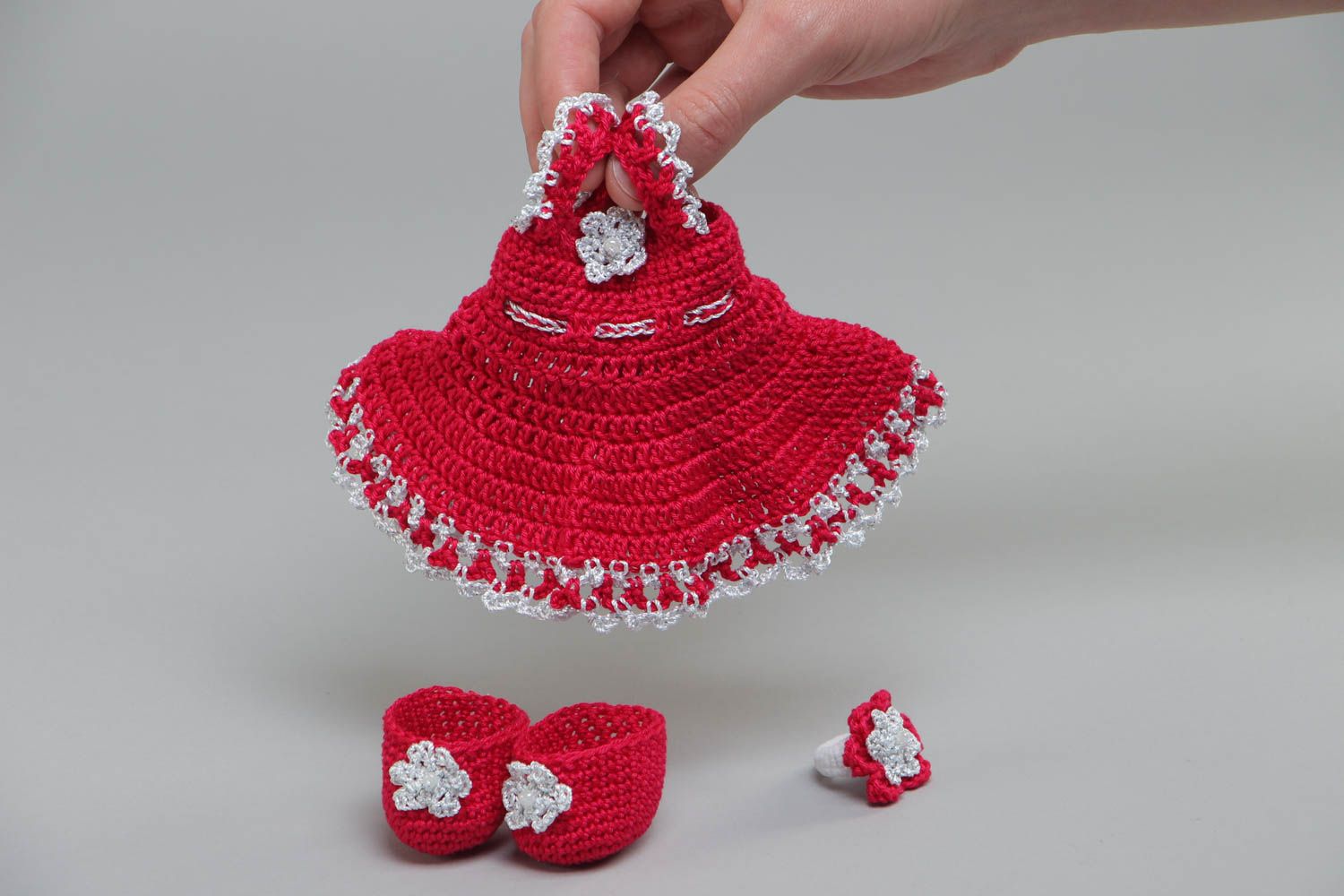 Beautiful handmade crochet doll clothes 3 pieces slippers dress and hair tie photo 5