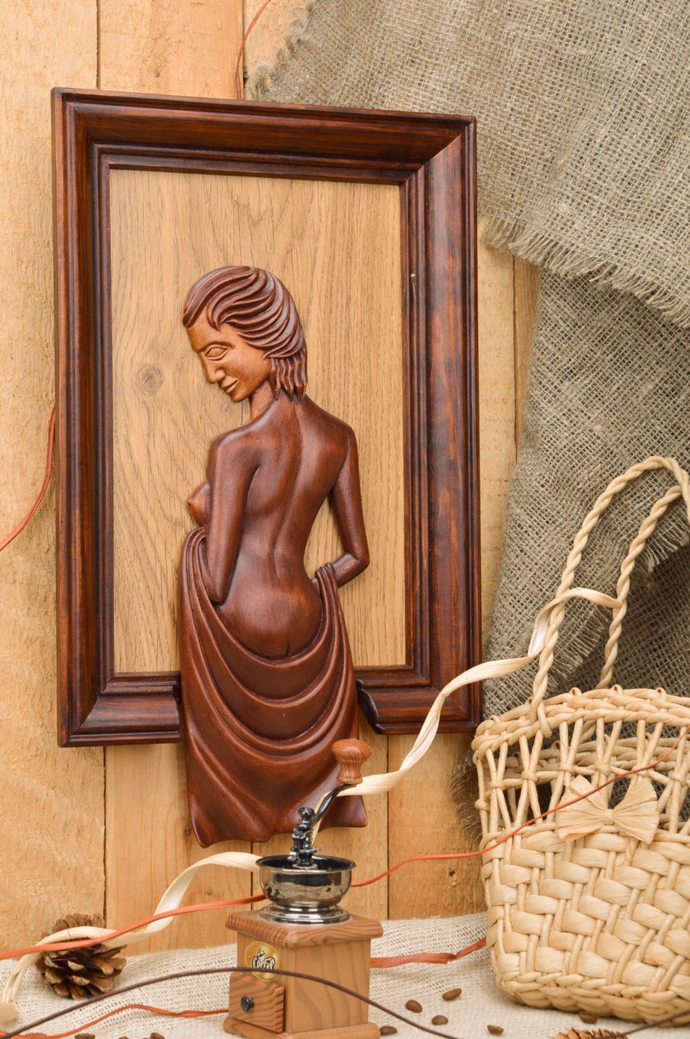 Handmade wooden panel with brown woman medium size wall decor photo 1