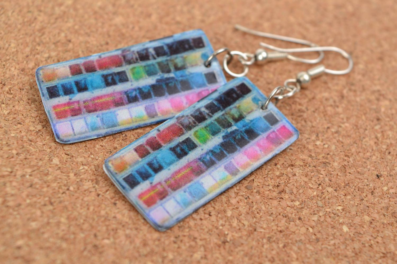 Handmade earrings with charms made of polymer clay and epoxy resin with decoupage photo 1