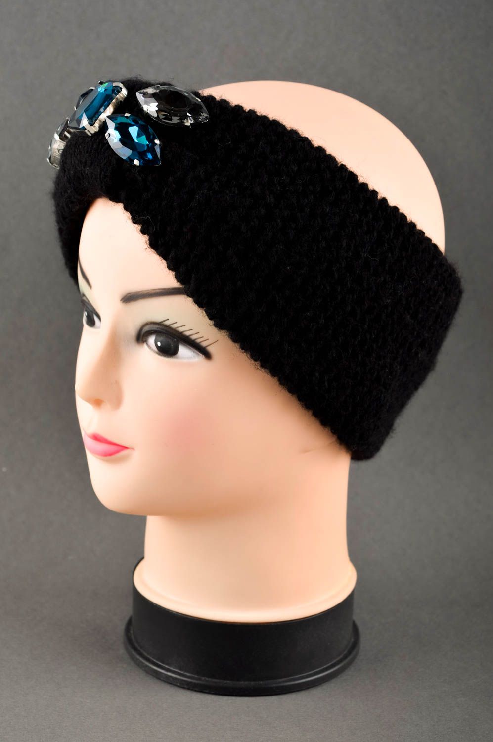 Handmade stylish turban unusual black headband knitted winter accessory photo 1