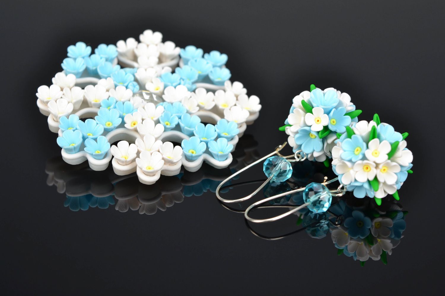Set of polymer clay flower earrings and brooch photo 1
