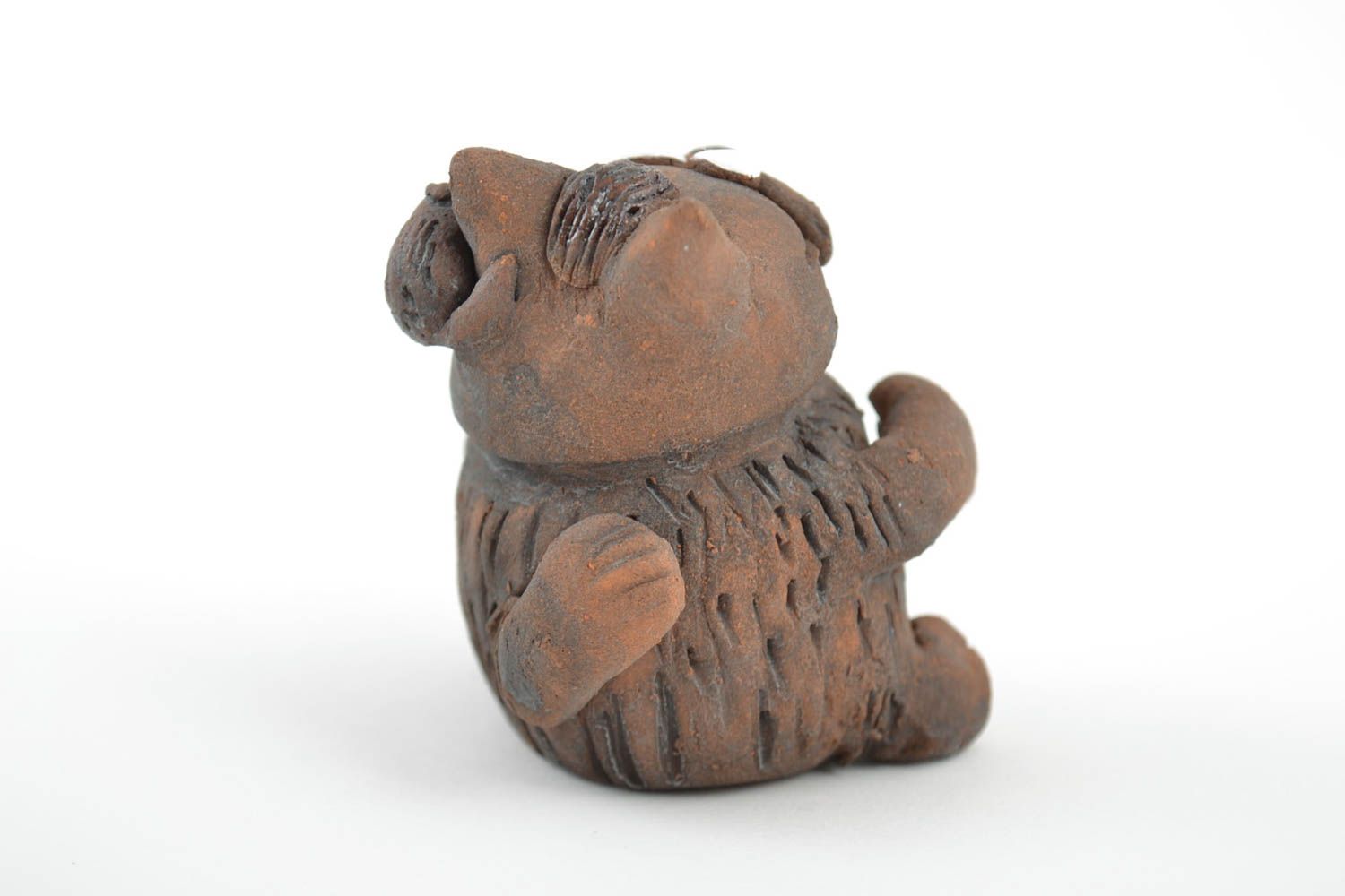 Petite figurine en céramique en forme de chat fait main peinte brune originale photo 5