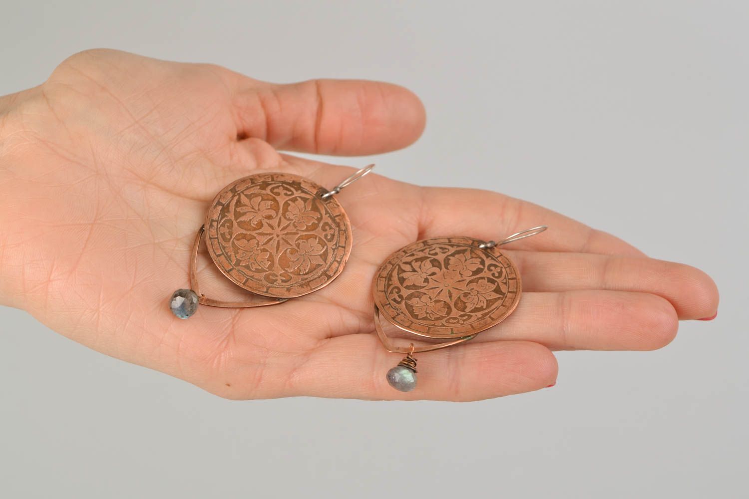 Handmade round copper earrings with ornaments photo 2