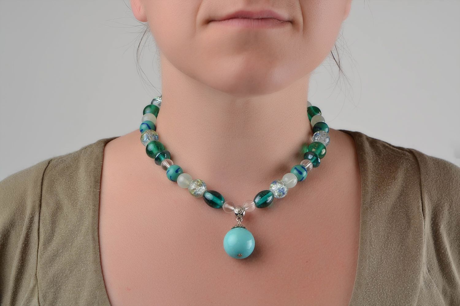 Handmade designer women's necklace with glass beads of turquoise color festive photo 2