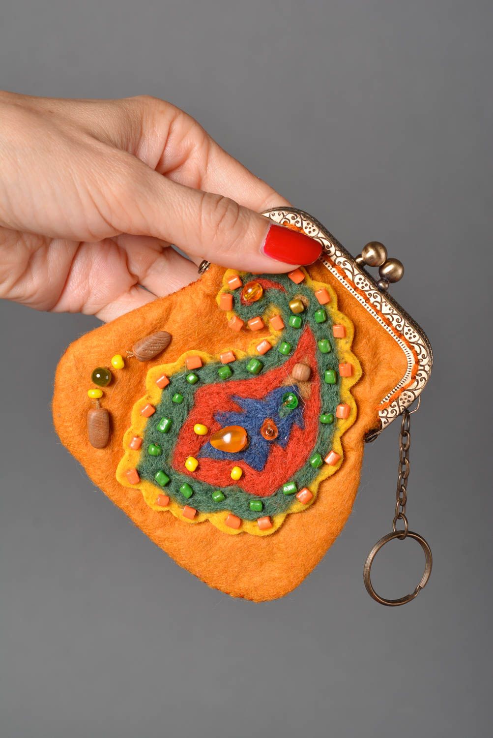Сумка ручной работы женский кошелек оранжевый на цепочке сумка из шерсти фото 2