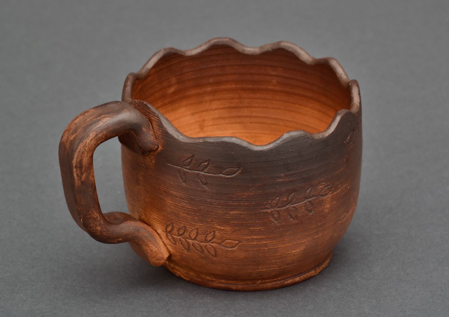 Red clay art not glazed drinking cup with handle and flower pattern photo 2