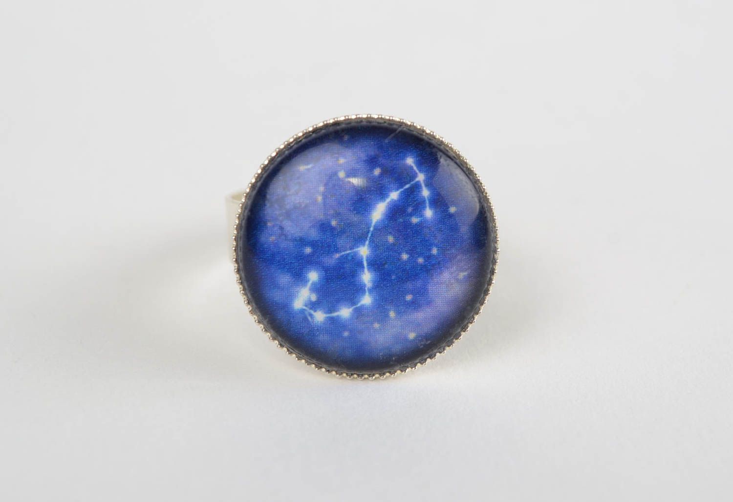 Handmade designer round top metal ring with glass element Scorpio zodiac sign photo 2