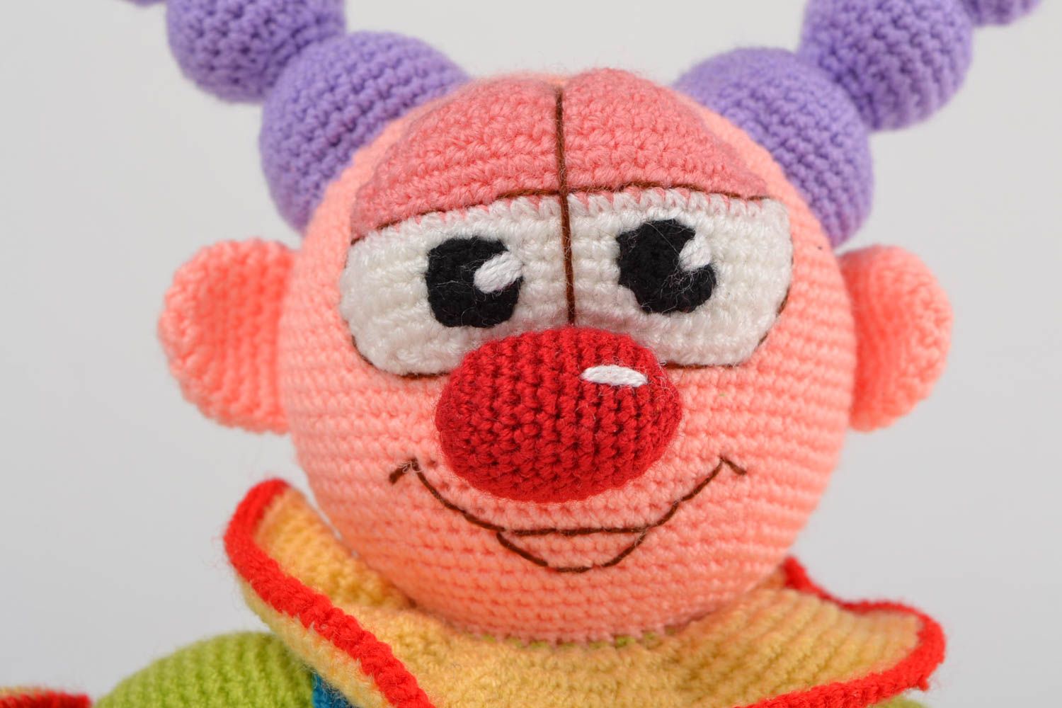 Handmade designer soft toy crocheted of acrylic threads colorful bright clown photo 3
