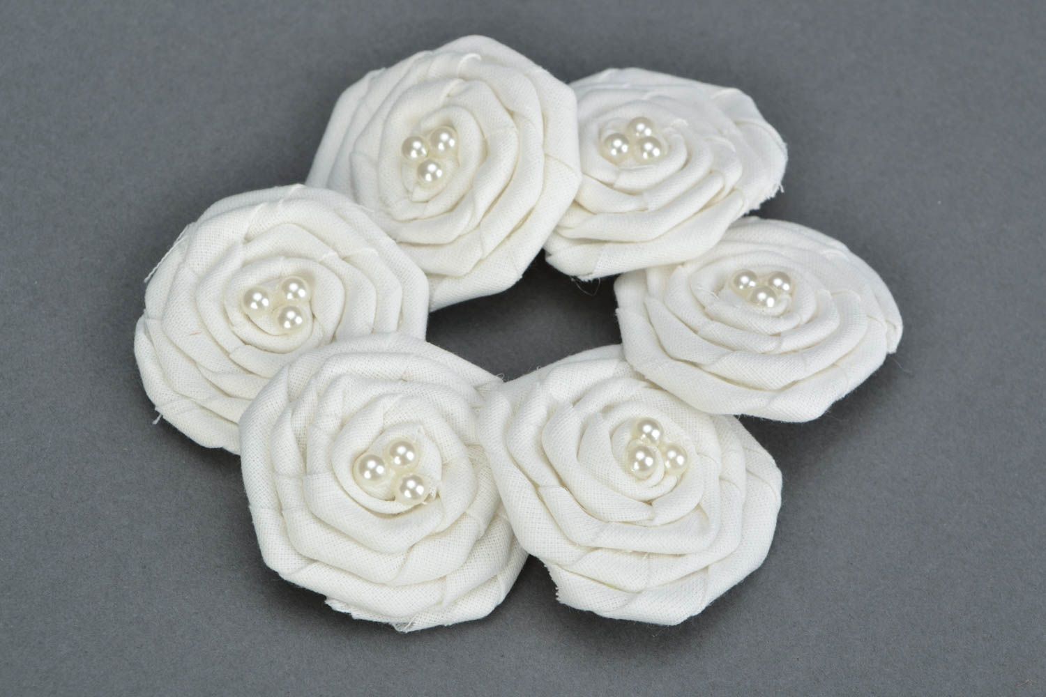 Handmade decorative cotton fabric white rose with beads for jewelry making photo 5