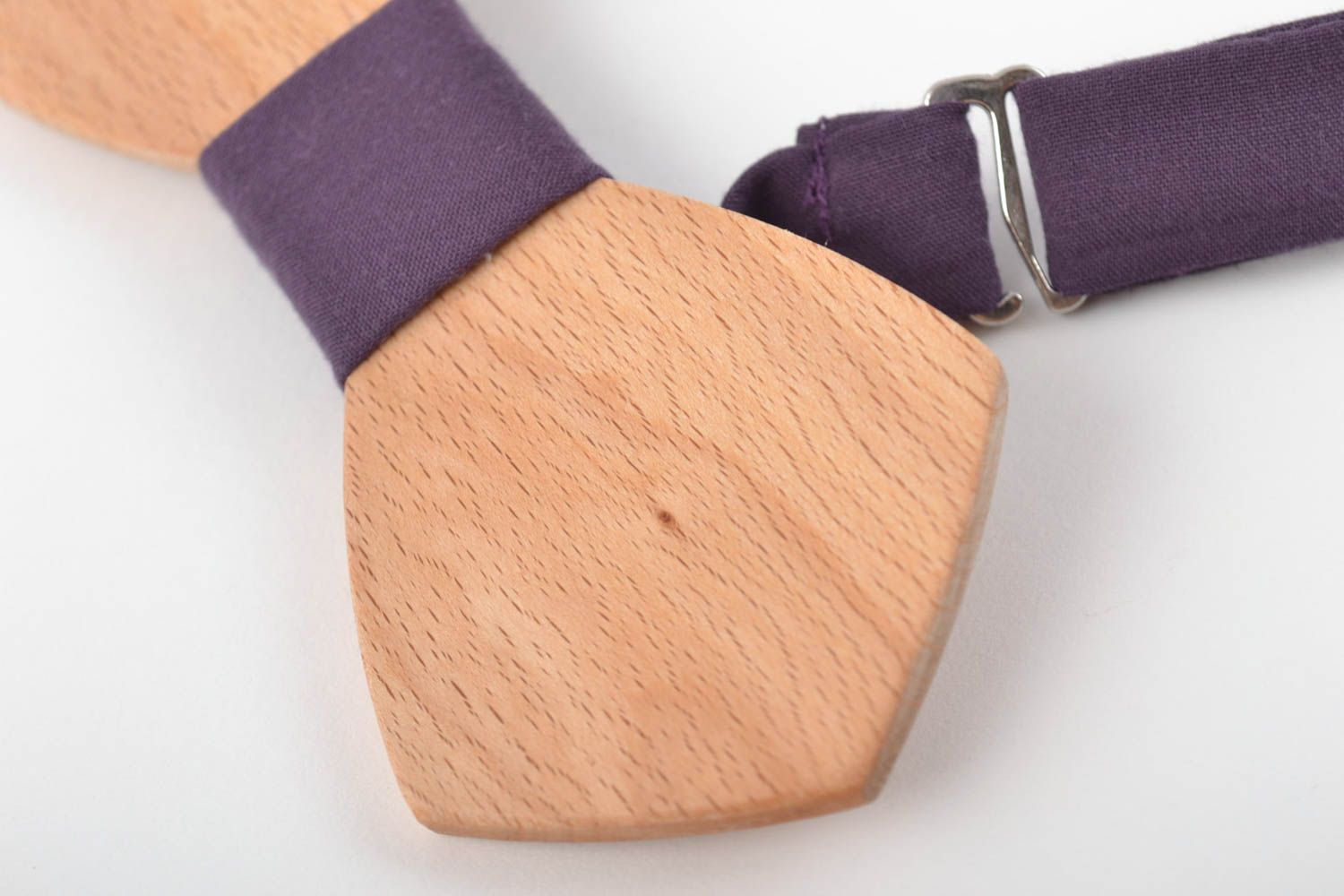 Handmade wooden designer bow tie with violet fabric strap photo 2