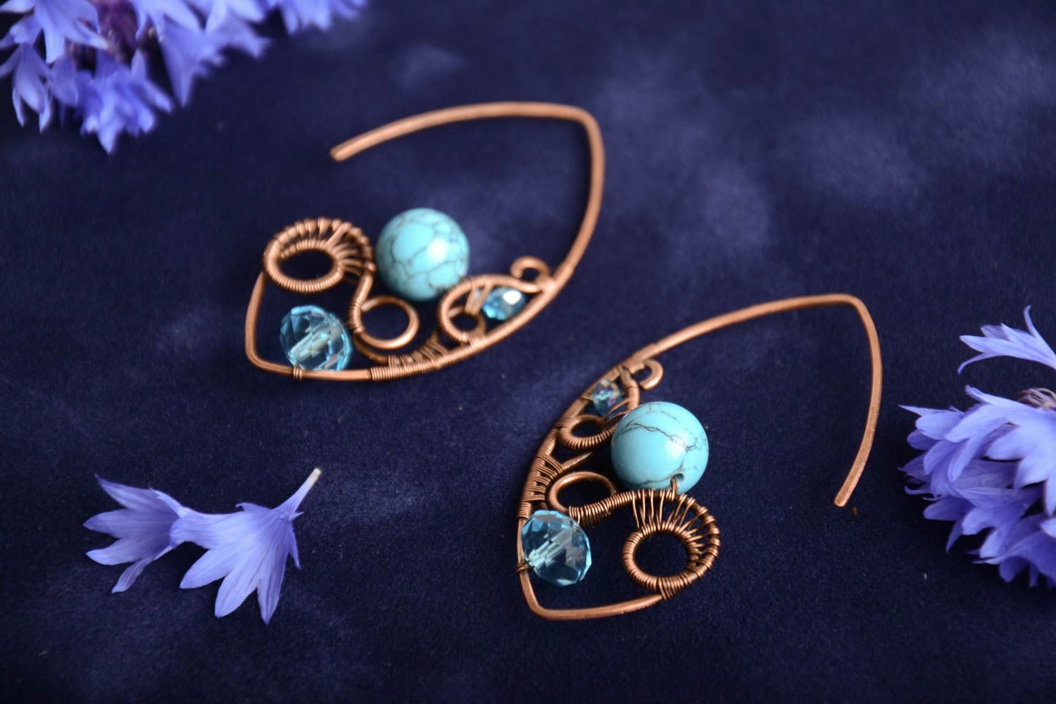 Handmade copper wire wrap earrings with natural turquoise and quartz beads photo 1