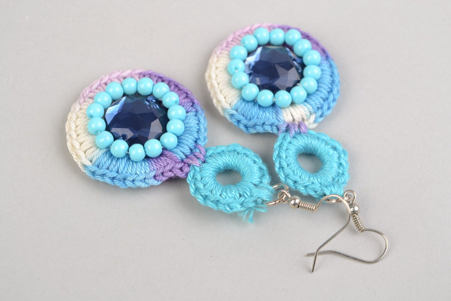 Handmade earrings woven of cotton threads with cabochon in blue color shades photo 3