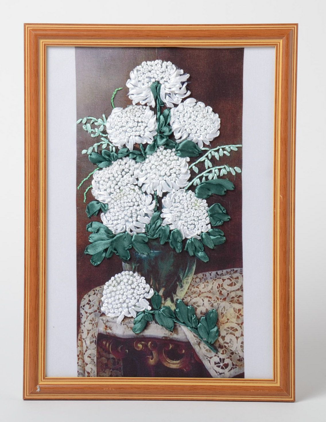 Light handmade satin ribbon flower embroidery in plastic frame photo 1