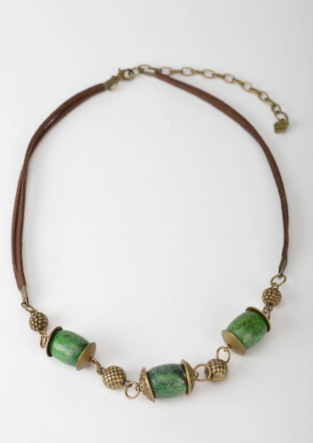 Unusual handmade designer metal necklace on cord with green beads photo 2