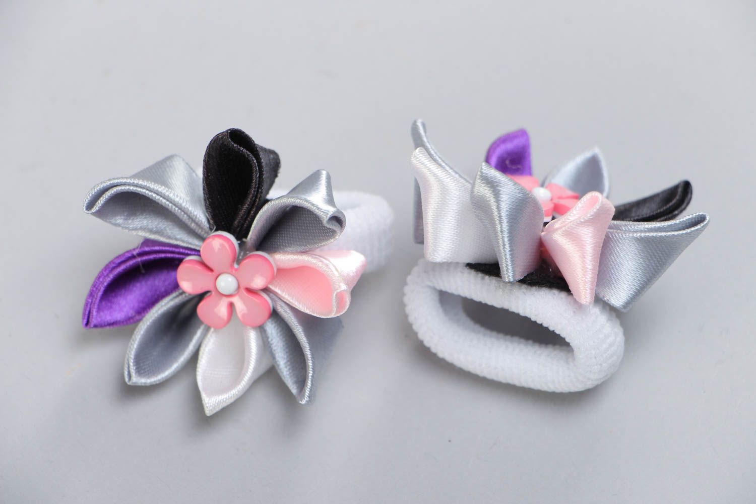 Handmade set of scrunchies 2 pieces made using kanzashi technique for women photo 3