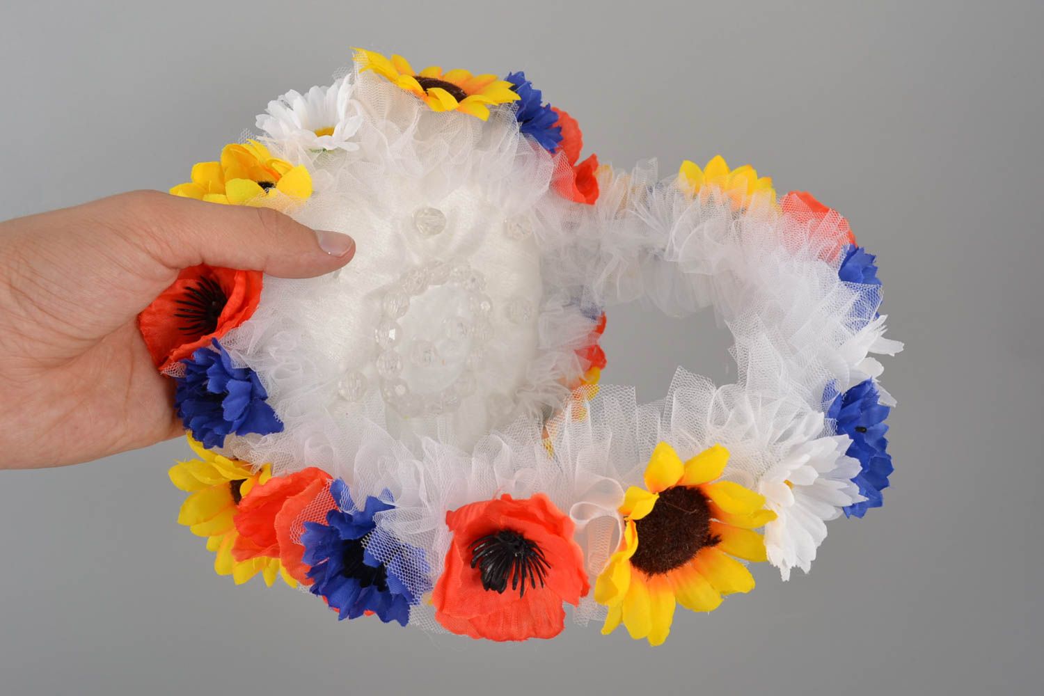 Unusual bright handmade designer wedding ring pillow with flowers photo 5