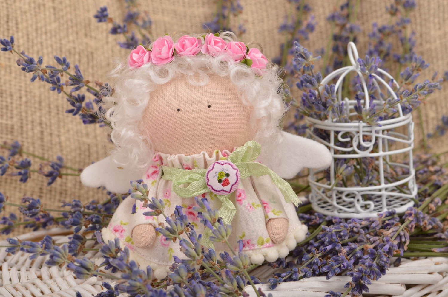 Beautiful small handmade fabric soft doll with wings and wreath interior hanging photo 1