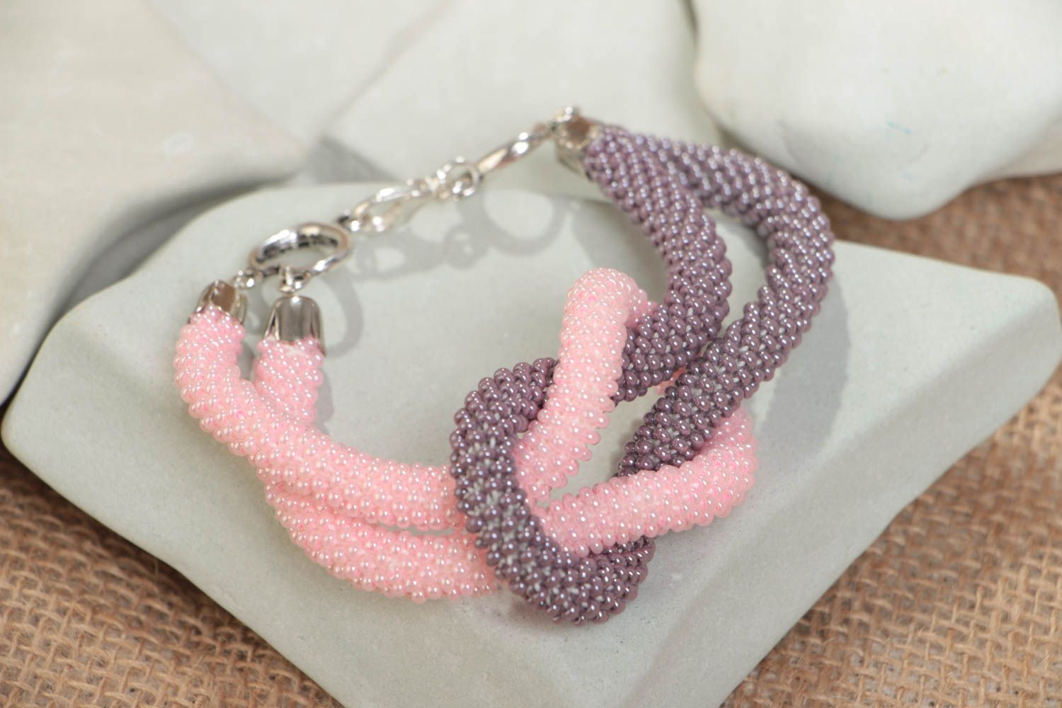 Handmade designer two colored gray and pink beaded cord wrist bracelet for women photo 1