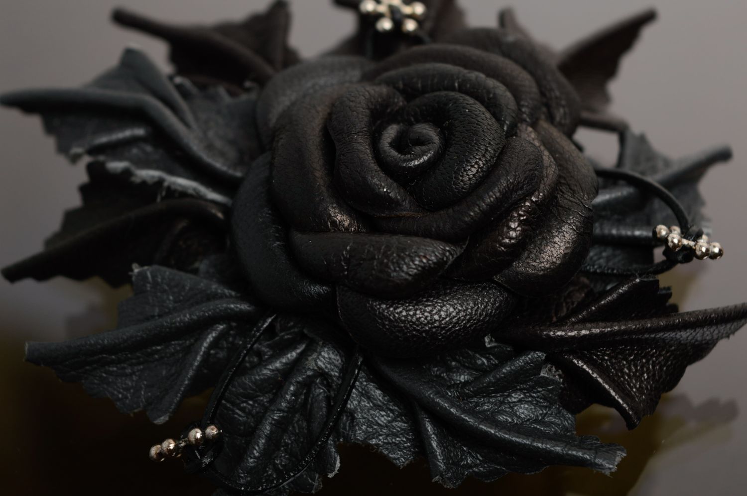 Handmade genuine leather brooch-hair clip Black Rose photo 3