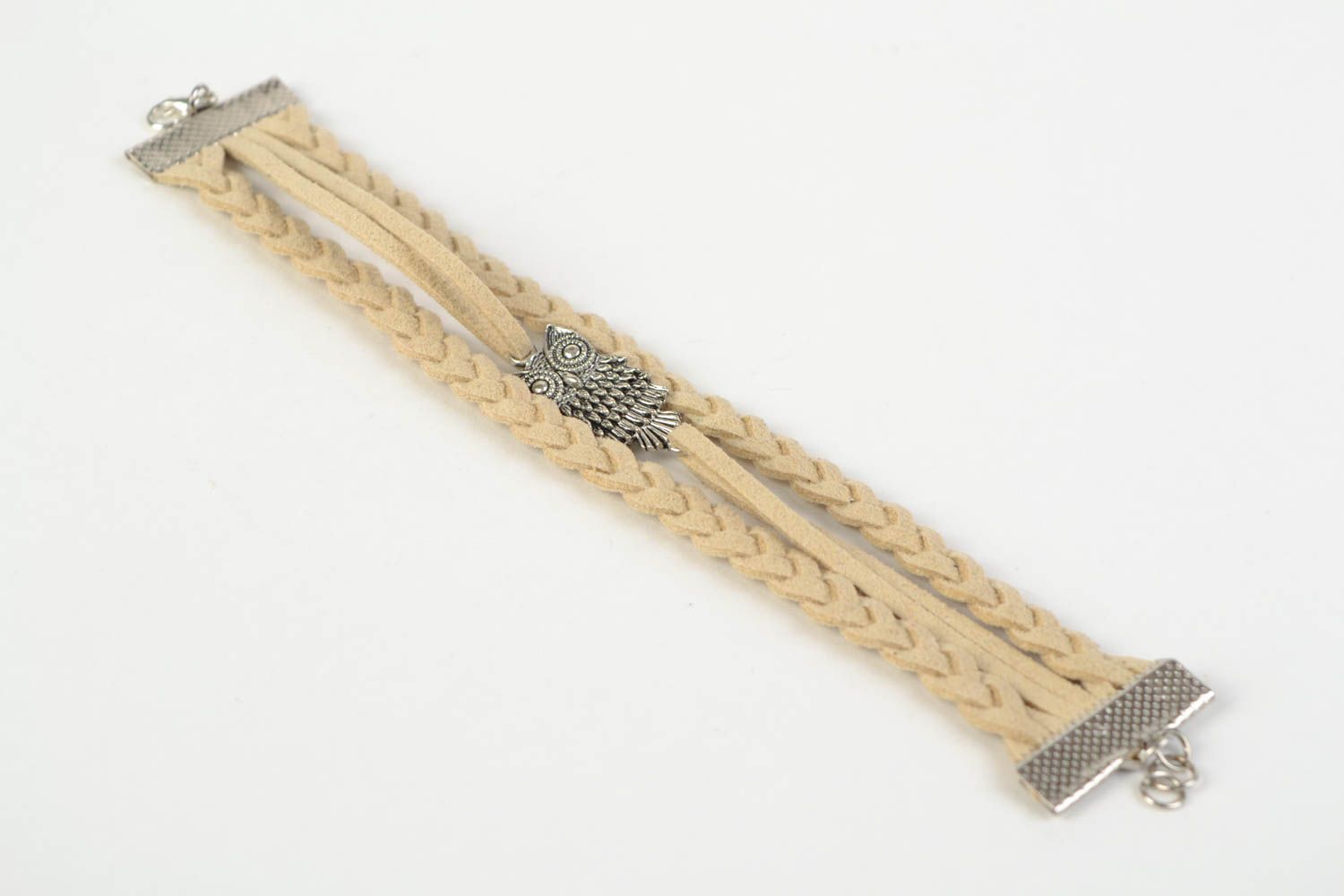 Handmade designer suede cord bracelet with owl charm beige accessory photo 5