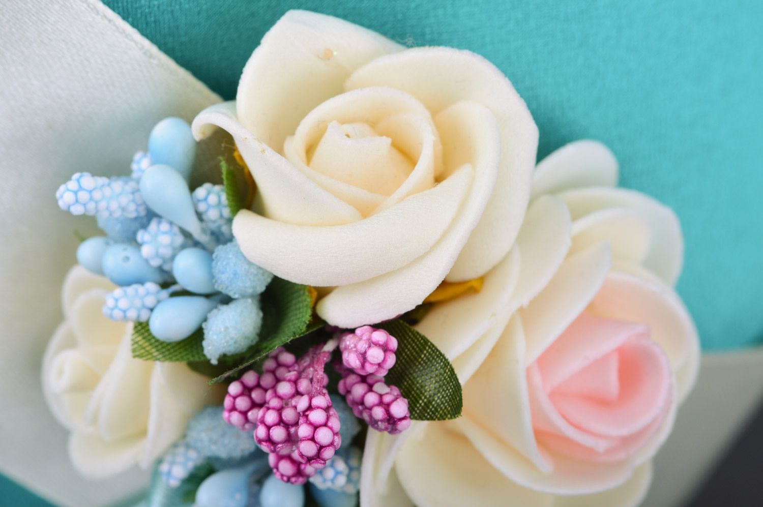 Handmade wedding rings bearer pillow sewn of blue satin with tender flowers  photo 4
