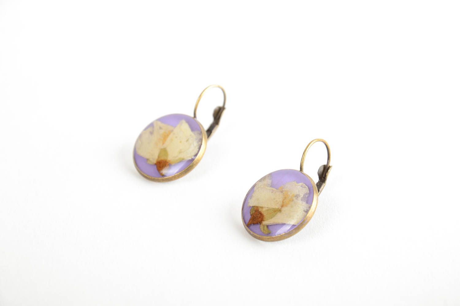 Women's handmade designer round earrings with dried flowers and epoxy resin photo 4