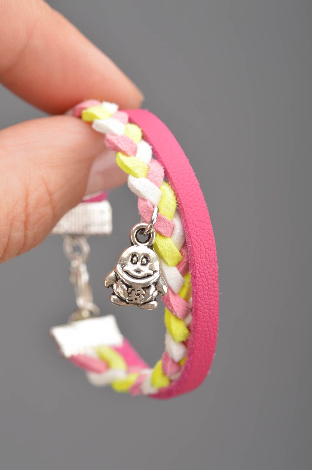 Handmade bright leather and suede cord wrist bracelet with metal charm pink photo 2