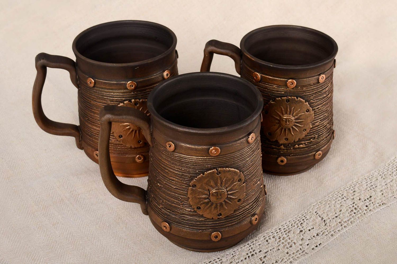 Keramik Geschirr Set handgefertigt Bier Krüge Männer Geschenk 3 Stück in Braun foto 1