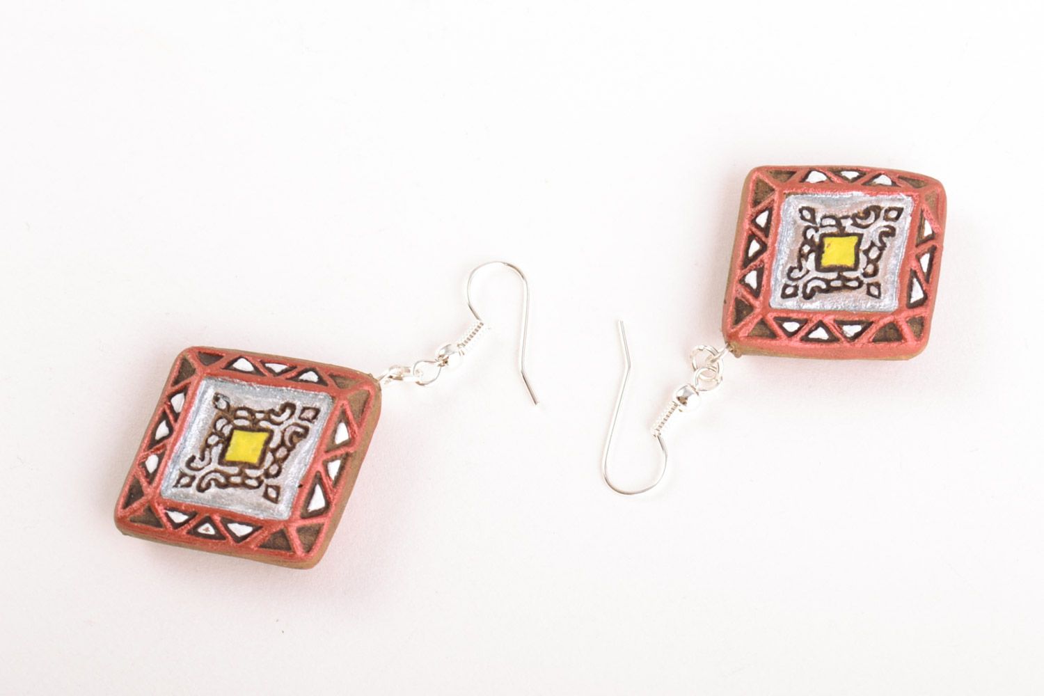 Handmade ceramic dangling earrings in the shape of rhombus with acrylic painting photo 5