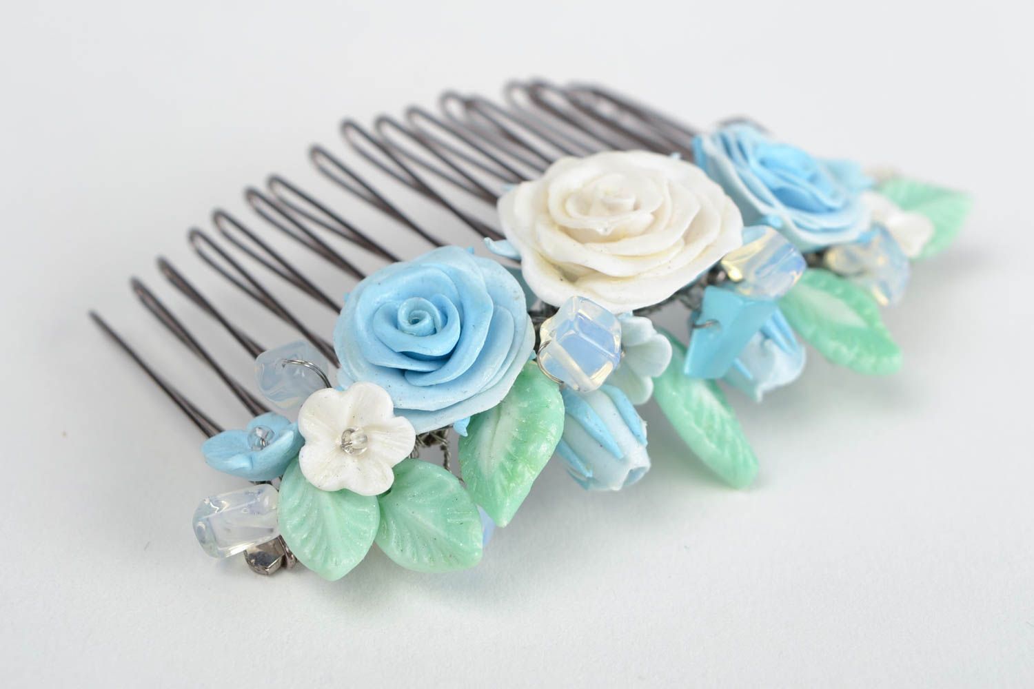 Handmade decorative hair comb with polymer clay blue flowers and moon stone photo 4