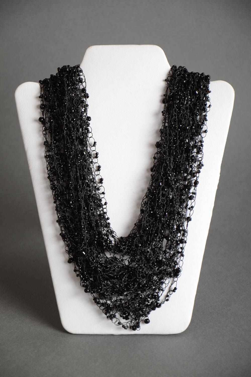Handmade designer evening multi row airy necklace crocheted of black Czech beads photo 2