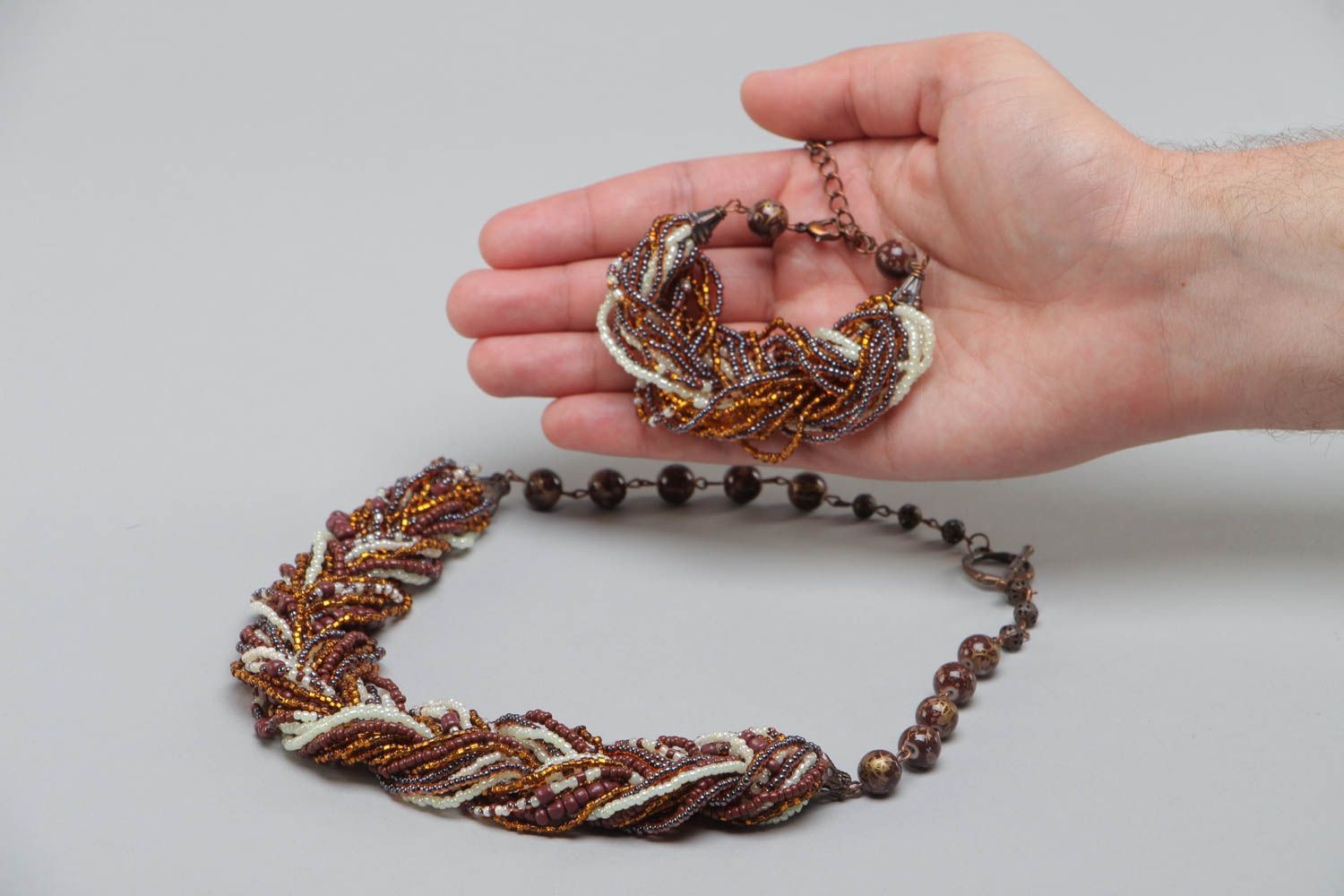 Handmade woven beaded jewelry set 2 pieces brown bracelet and necklace photo 5
