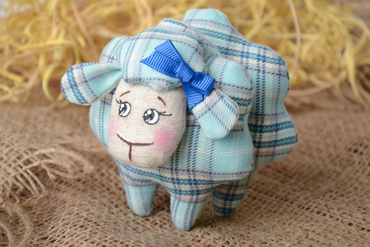 Handmade small blue checkered cotton and linen fabric soft toy lamb with bow photo 1
