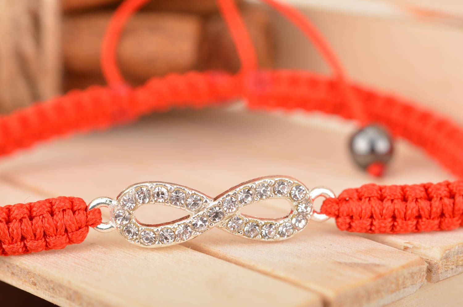 Handmade unusual cute stylish textile red thin bracelet with infinity sign photo 1