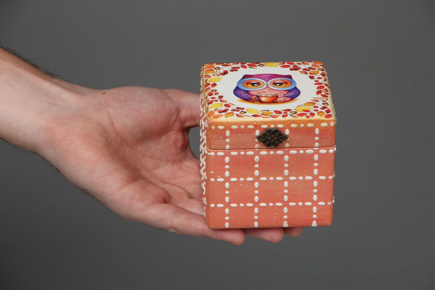 Petite boîte en bois décorée Hibou faite main photo 4