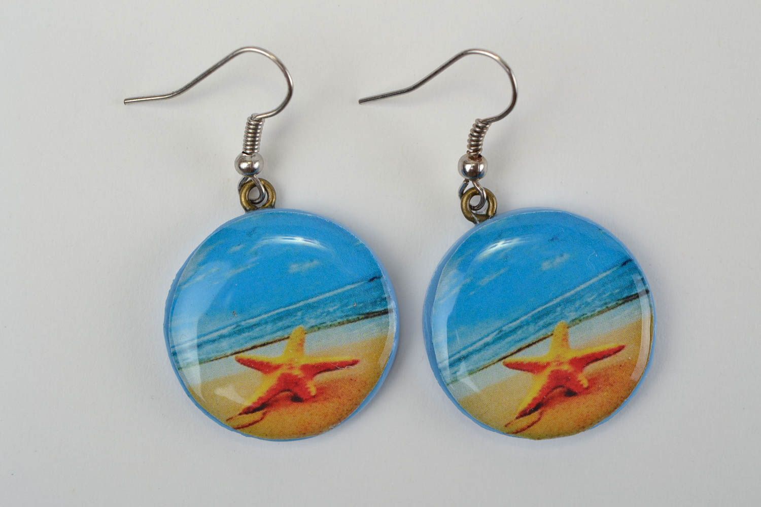 Handmade polymer clay dangling round earrings coated with epoxy resin Seaside photo 3