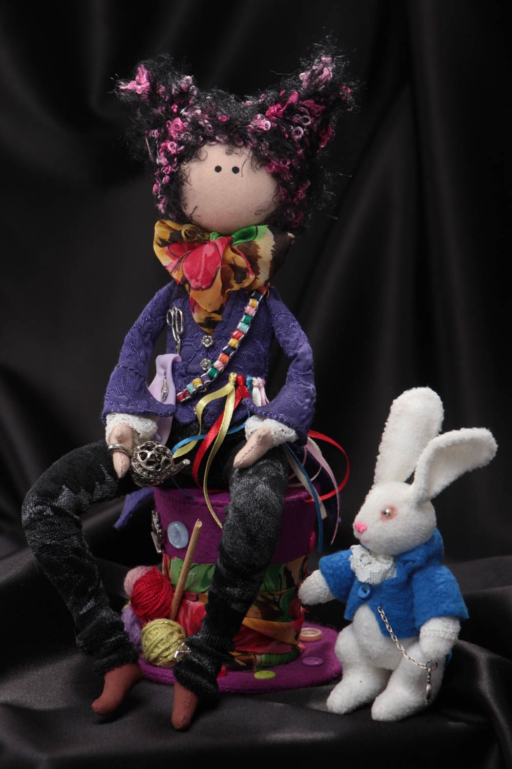Handmade designer fabric soft doll elegant milliner with white toy rabbit photo 1
