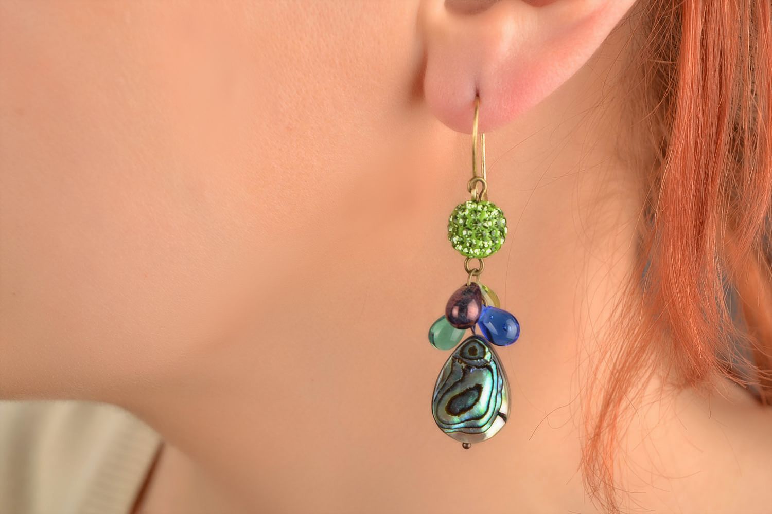 Beautiful handmade designer long earrings with shellfish and Czech glass beads photo 1