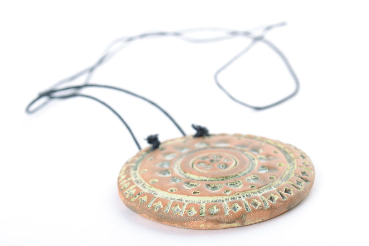 Handmade large light ceramic pendant of round shape with ethnic ornaments  photo 5