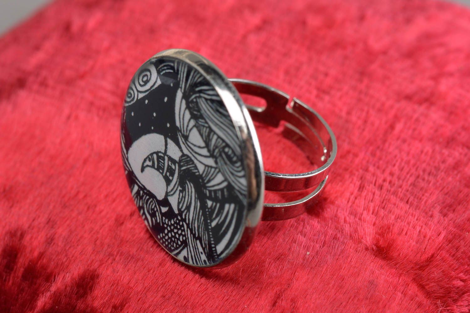 Black and white decoupage handmade designer ring coated with epoxy adjustable size photo 1