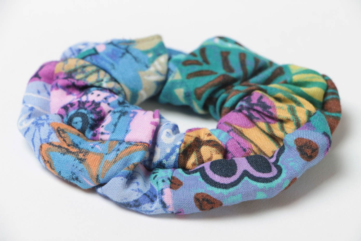Decorative handmade elastic hair tie sewn of cotton fabric in blue color palette photo 3