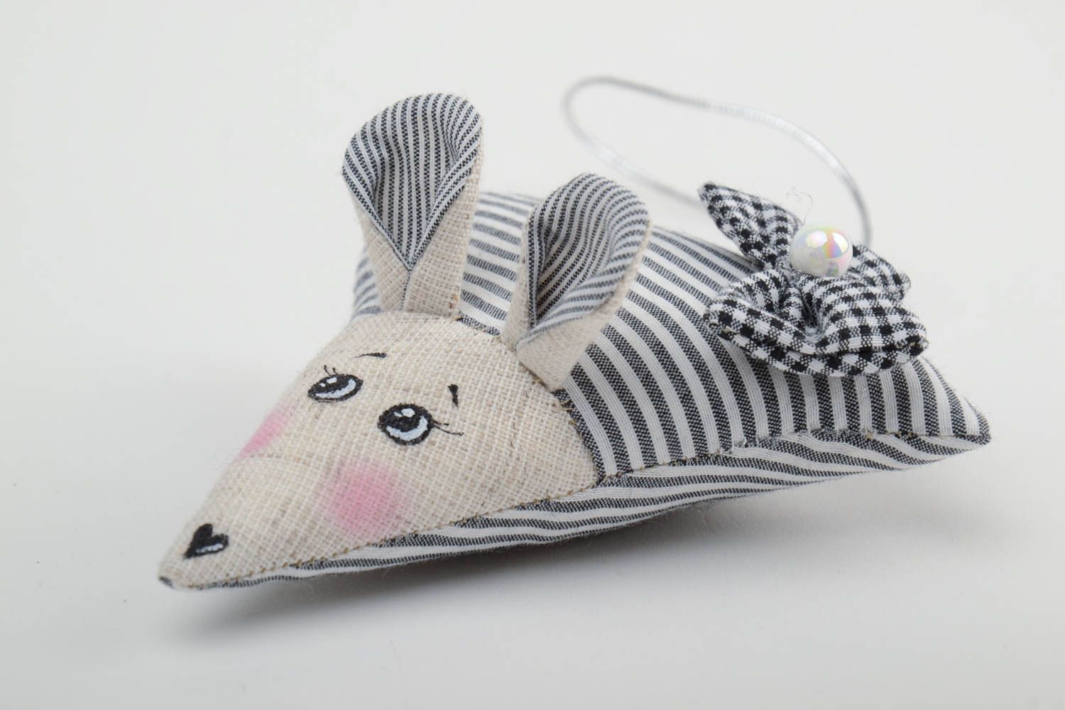 Handmade small decorative wall hanging soft toy mouse sewn of striped fabric  photo 2